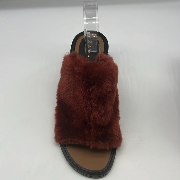Zara - Brick Red Faux Fur  Slip On Open Toe Wide Block Mule Heels Size 39 - Picture 3 of 14